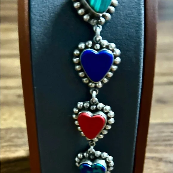Vintage ~ Multi-Colors Gemstones Heart Shaped ~ .925 Sterling Silver Bracelet - Picture 10 of 15
